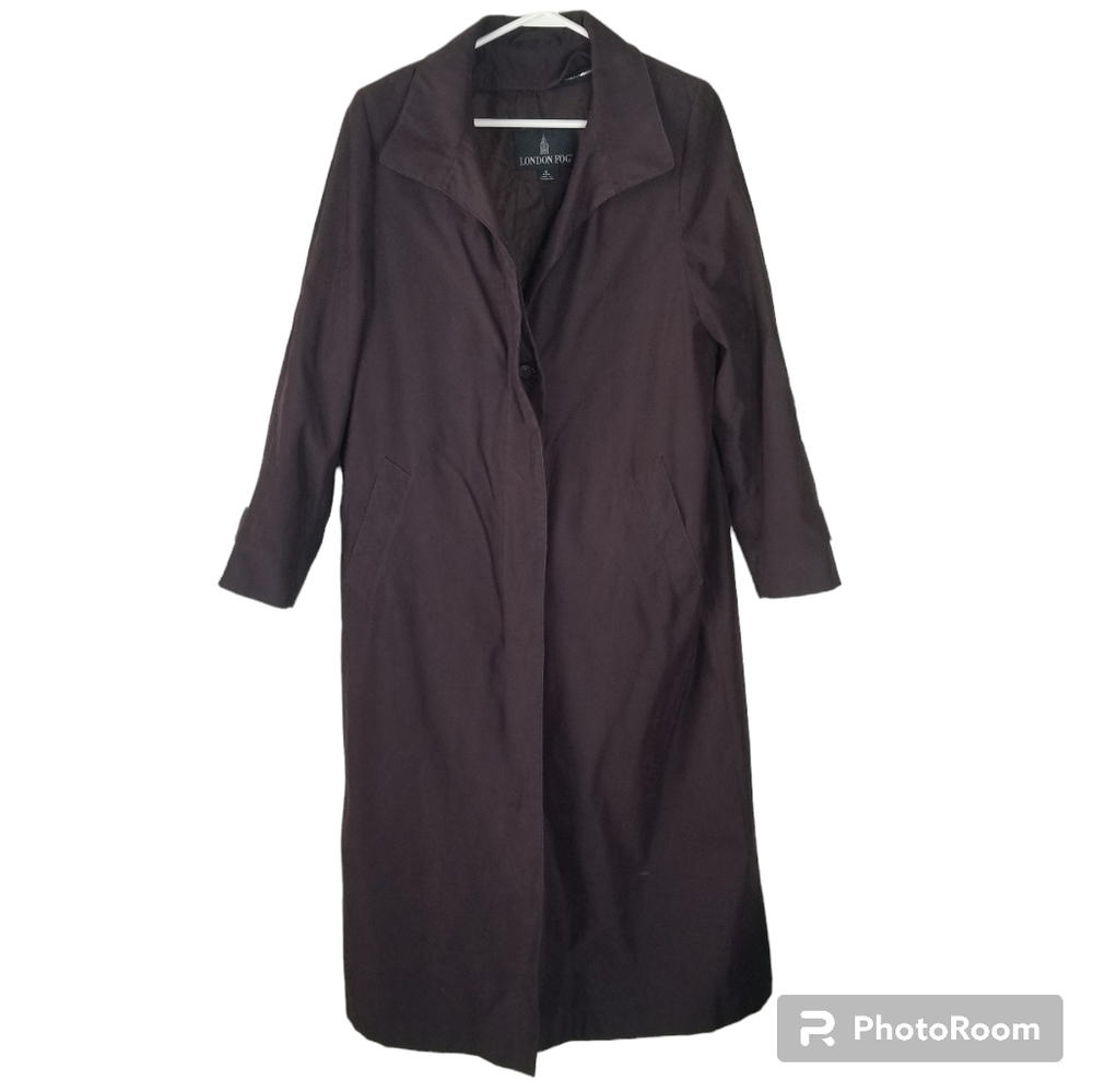 London Fog Dark Purple Button Front Lined Heavy Long Trench Coat Size 8